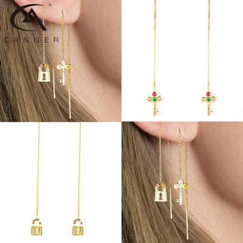 CANNER Simple Shiny Chain Cuff Drop Earrings Women Jewelry Snake Lock Key Pendant Long Tassel Chain Earrings 925 Sterling Silver
