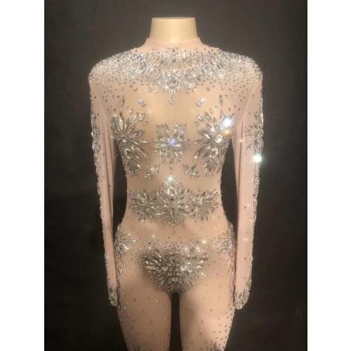 Sparkly Crystals Glass Stones Jumpsuit Mesh Costume Women Stage Performance Dance See Through Bodysuit Sexy Nightclub Show Wear