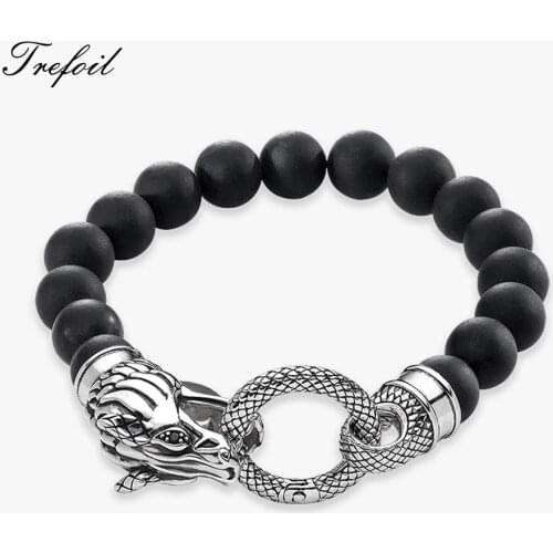 Bracelet Strand Dragon with Black Obsidian Beads, 2018 New Blackened Silver Fashion Jewelry Punk Vaderdag Gift for Men Women