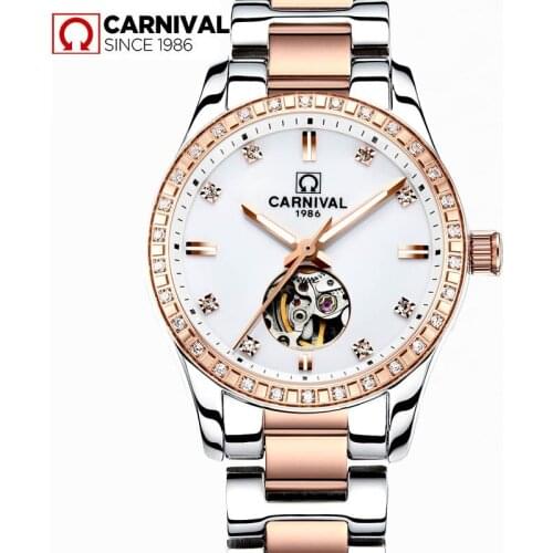 CARNIVAL New Top Brand Luxury Women Mechanical Watch Skeleton Design Full Steel Strap Waterproof Female Automatic Clock relogio
