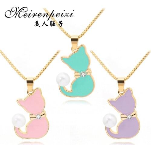 DIY Meow Cat Pendant For Girl Cute Choker Crystal Rhinestone Necklace Pearl Cat Necklaces&Pendants Christmas Gift DropShipping