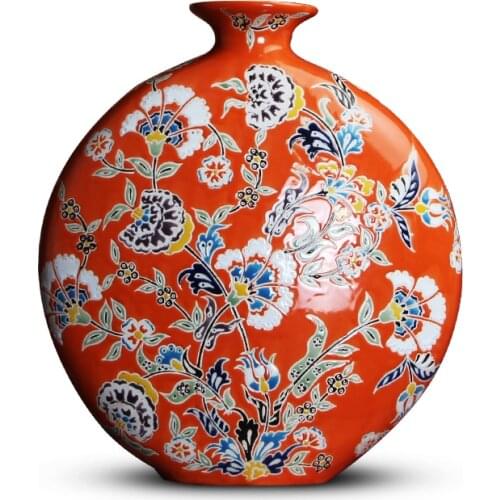 Chinese American Style Orange Red Pastel Hand-painted Ceramic Flat Vase Ornaments Retro European Room Entrance Of TV Cabinet