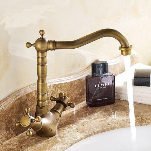Retro short or long brass sink basin faucet, Bathroom wash basin faucet hot and cold, Antique copper kitchen water tap mixer