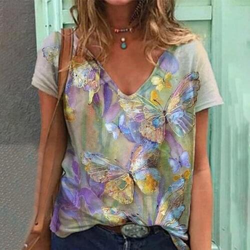 Summer Women Blouse Short Sleeve Butterfly Print V Neck Loose T-shirt Top for Work