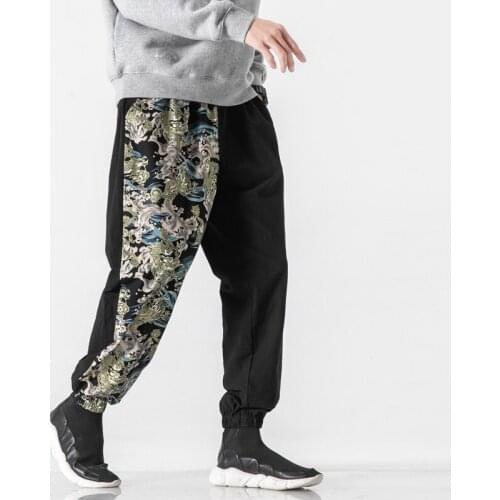 2021 Autumn and Winter Chinese Style Pants Mens Color Contrast Casual Loose Large Size Cotton Oriental Fashion Men