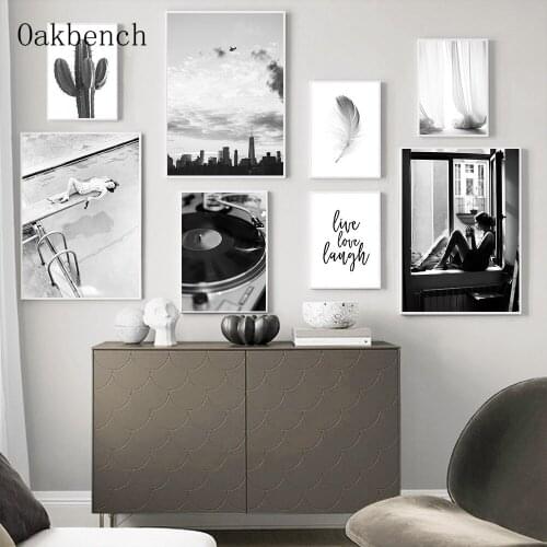 Black And White Wall Poster Retro Record Player Canvas Painting Window Girl Print Cactus Prints Nordic Wall Pictures Home Decor