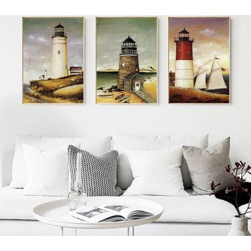 Retro Lighthouse Coast Sailing Landscape Wall Art Poster And Print Canvas Painting For Living Room Home Decoration No Frame
