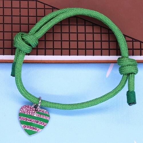 New Arrival Hand Made Braided Nylon Chain Pink Green Heart Charm Bracelets Sorority Club Gift Jewelry