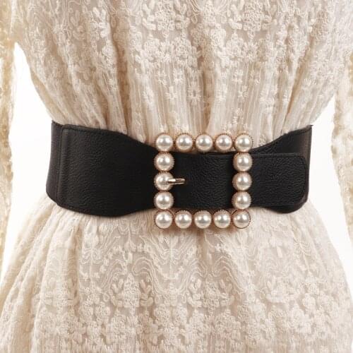 New Korean-Style Elastic Waistband Female Shirt Sweater Decorative Dress Girdle Wide Black White Pearl Inlaid Belts for Women