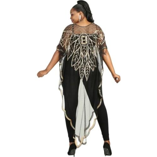 New Style African Womens Fashion Dashiki Abaya Stylish Net Tulle Fabrics Sequin Lace Beaded Loose Versatile Dress Free Size