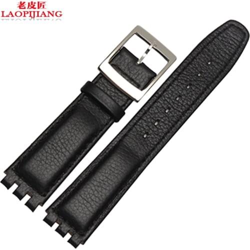 Laopijiang genuine leather strap male strap waterproof for swatch Athletic 17mm black white with stainless steel buckle + tools