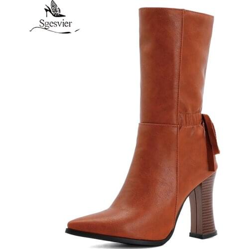 Sgesvier Women High Heel Autumn Mid Calf Boots Female Zip PU Leather Buckle Sexy Plus Size 33-50 Ladies Fashion Botas Mujer