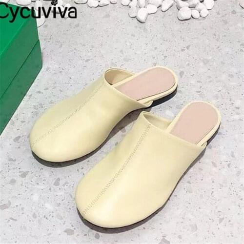 2021 Summer Half Flat Slippers Women Genuine Leather Brand Slides Ladies Casual Beach Shoes Wrap Toe Slippers Women Flat Mules