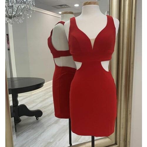 Sexy Short A-Line V-Neck Satin Red Homecoming Dresses Knee Length Open Back Bodycon Graduation Dresses for Teens