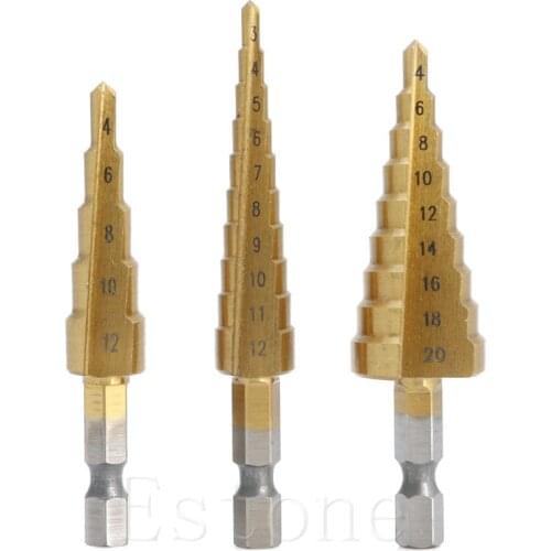 3Pcs HSS 4241 Steel Step Cone Titanium Coated Drill Bit Cut Tool Hole Cutter Set