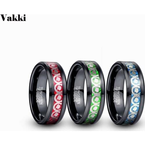 VAKKI Horseshoe Flower Pattern Blue Red Opal Paper Electric Black Tungsten Carbide Ring Fashion Wedding Jewelry Gift