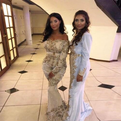 Off The Shoulder Velour Moroccan Kaftan Evening Dress Full Sleeve Lace Beaded Muslim Prom Dress Arabic Special Occasion Gowns