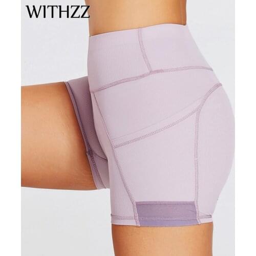 WITHZZ Womens Ribbed Stripe High Waist Fitness Quick Dry Casual Sports Running Tight Pocket Shorts