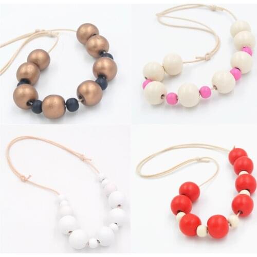 1pc Mix Color Nature Wood Bead Necklace Wooden Ball With Leather Cord For Women Summer Jewelry