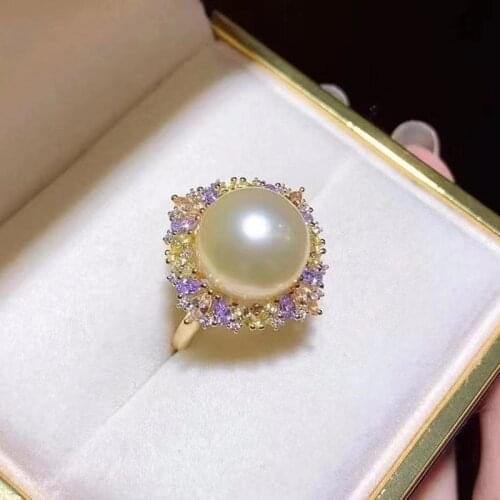 HENGSHENG Elegant 11-12mm Pale Golden Pearls Ring Adjustable Size Shining Zircon 925 Sterling Silver Rings Women Wedding Jewelry