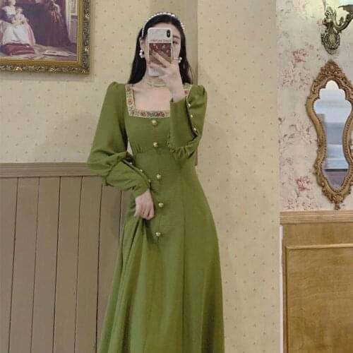 French Vintage Embroidery Square Collar Green Sweet Dress Women Spring 2021 New Square Collar Elegant Chic Button Gentle Dresses