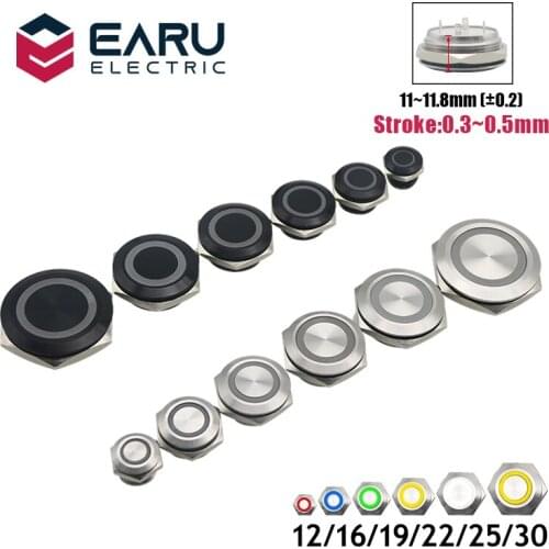 12/16/19/22/25/28/30mm Short Stroke Mini Waterproof Metal Push Button Switch Power Led Light Momentary 5V 12V 24V 220V Red Blue