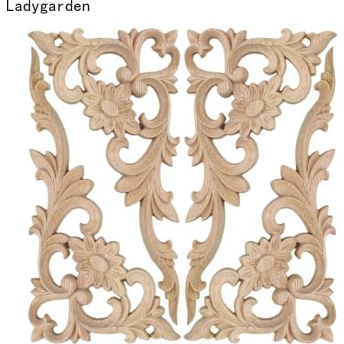 4PCS Wood Flower Carved Decal Corner Onlay Applique Frame Door Furniture Wall Sculptures Home Cabinet Door Decor Craft Statues