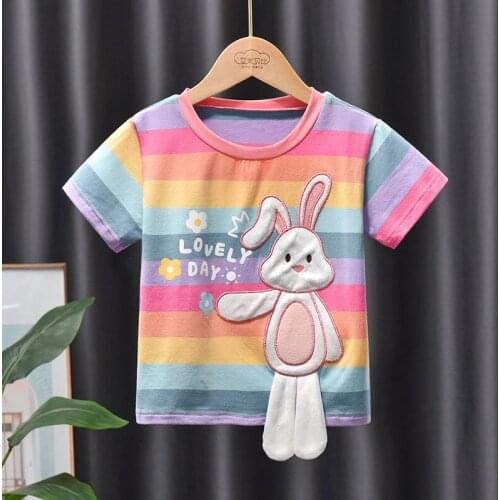 Childrens summer short-sleeved 2021 Korean T-shirt round neck top rainbow cartoon patch bottoming shirt P4391