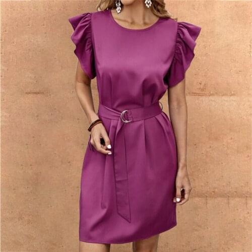 Elegant Women Solid Color A-Line Dress Patchwork Design Belt Ruffles Decor O-Neck Butterfly Short Sleeve Mid Waist Slim Dress