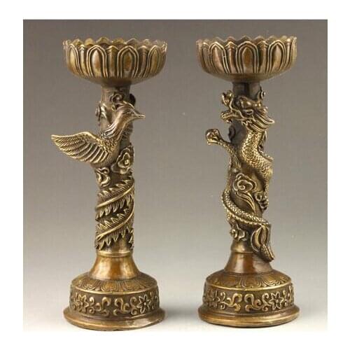 Chinese Handmade Fine Dragon And Phoenix Bronze Chandelier Pair Statue Statue 18cm Free shipping