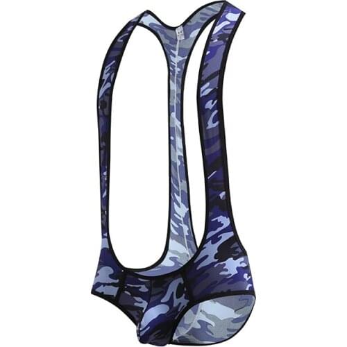 Sexy Camouflage Men Bodysuits Teddies Underwear Gay Mens Suspender Underwear Jumpsuits Ice Silk Wrestling Singlet Leotard