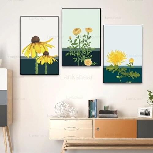 Laeacco Simplicity Abstract Painting Canvas Posters Yellow Chrysanthemum Flowers Printing Wall Pictures Home Living Room Decor