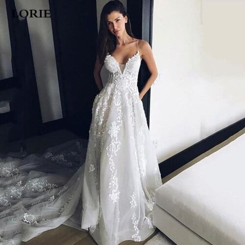 LORIE A Line Lace Bohemian Wedding Dress Sexy Spaghetti Strap Tulle Long Train Bridal Gowns V Neck Backless Wedding Gowns