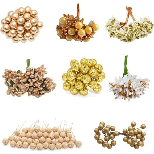 Mini Golden Artificial Pistil gold Cherry Stamen Berries Bundle Hybrid Plant Flower DIY Wreath Wedding Decor Supplies