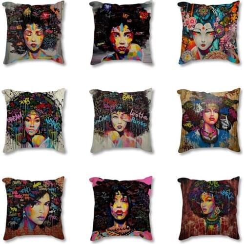 HD Print African Abstract Portrait Cotton Linen Cushion Cover Afro Women Poster Throw Pillow Case Square Pillowcase for Sofa