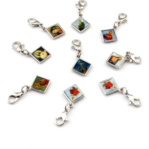 Mixed Enamel square Jesus Christ Icon Religious Charms Bead with Lobster clasp Fit Charm Bracelet DIY Jewelry 13.2x30mm A-380b