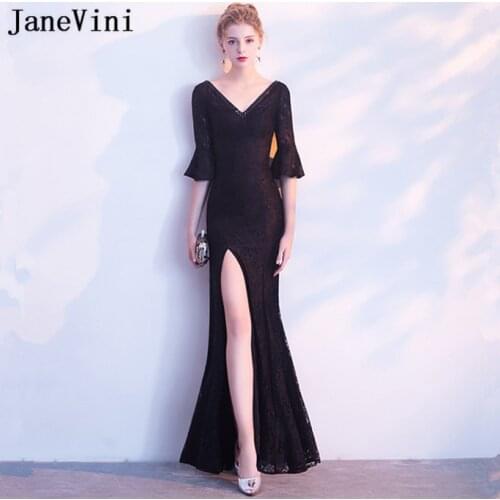 JaneVini Vestidos Vintage Lace Beads Mother of The Bride Dress Mermaid High Split Black Evening Gowns With Sleeves Vestido Noite