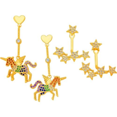 Cubic Zirconia Stud Earrings Heart Gold For Women Rinbow Small Horse Jewelry pendientes moda Gold Filled CZ Tiny Stars Earrings