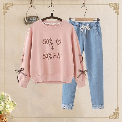 Autumn Women Sets Korean Style Loose Print O-neck Tops and Elastic Waist Solid Jeans Pants Set Womens Chic 2 Piece Suits Q662