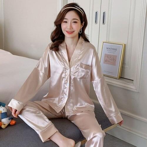 Womens Silk Pajama Sets Spring New Long Sleeve Pajamas Set Women Loose Solid Patchwork Women Sleepwear Set Elastic Long Pants