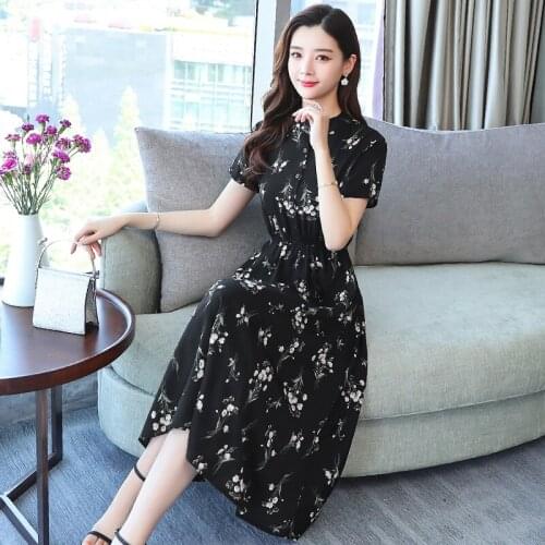 Summer The New Temperament printing Chiffon Dress black Korean style O Neck Womens fashion Dress