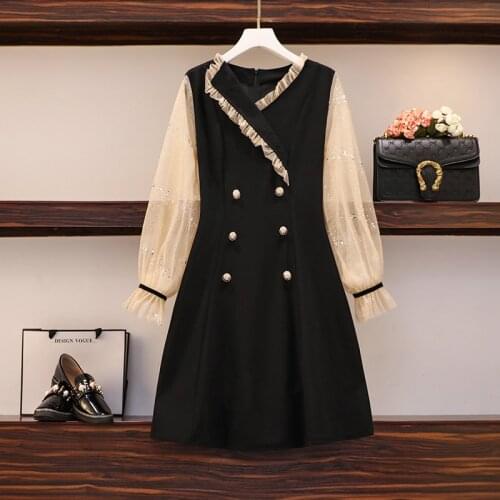4XL plus size women elegant vintage mesh sexy dress autumn winter 2021 long sleeve v neck button Patchwork short dresses