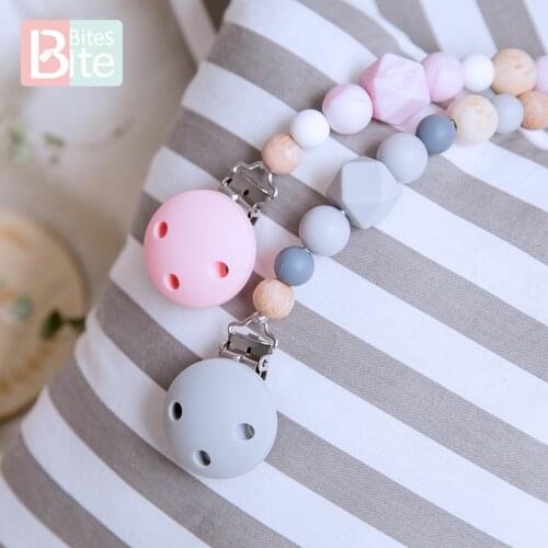 Bite Bites 1pc Baby Pacifier Clip Chain Smile Wooden Beads Food Grade Perle Silicone Beads Rodent Nipple Holder Baby Teether Toy