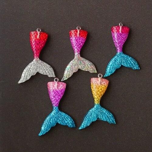 10pcs 43*20mm Cuet Gradient Resin Flatback Glitter Mermaid tail charms For Necklace Keychain Pendant DIY Making Accessories