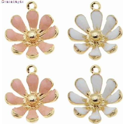 GraceAngie 10pcs Gold Zinc Alloy Daisy Flower Charm Enamel pendant for jewelry DIY making Pendant Necklace Finding 16*14mm
