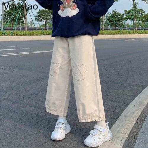 Japanese Harajuku Lolita Style Wide Leg Pants Girly Cute Bear Print Ruffles Loose High Waist Straight Pants Women Sweatpants
