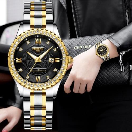 NIBOSI 2021 Gypsophila Steel Band Couple Watch for Women Men Hip Hop Watch Full Out Zircon Calendar Quartz Watch Birthday Gift