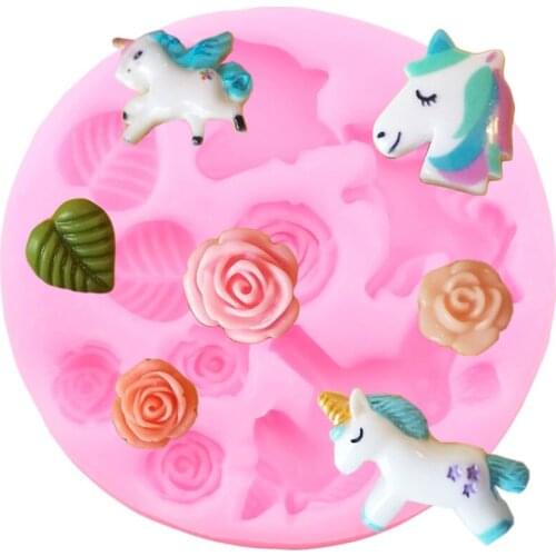 Unicorn Rose Shape Silicone Mold Baby Birthday Cake Border Fondant Cake Decorating Tools Candy Clay Chocolate Gumpaste Moulds