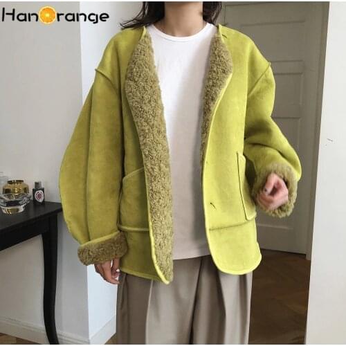 HanOrange Winter Women Fashionable Soft Double-Sided Wearable Imitate Lambswool Coat Loose Padded Cocoon Woolen Coat