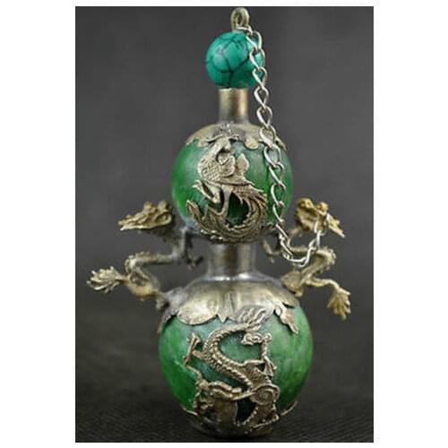 Exquisite Chinese Handwork Old Green Jade Armoured Dragon Phoenix Snuff Bottle